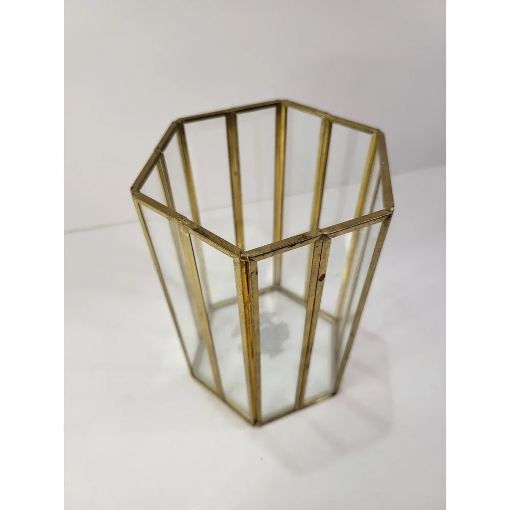Gold Brass Glass Geometric Hexagon Lantern Candle Holder Terrarium 7 Inch